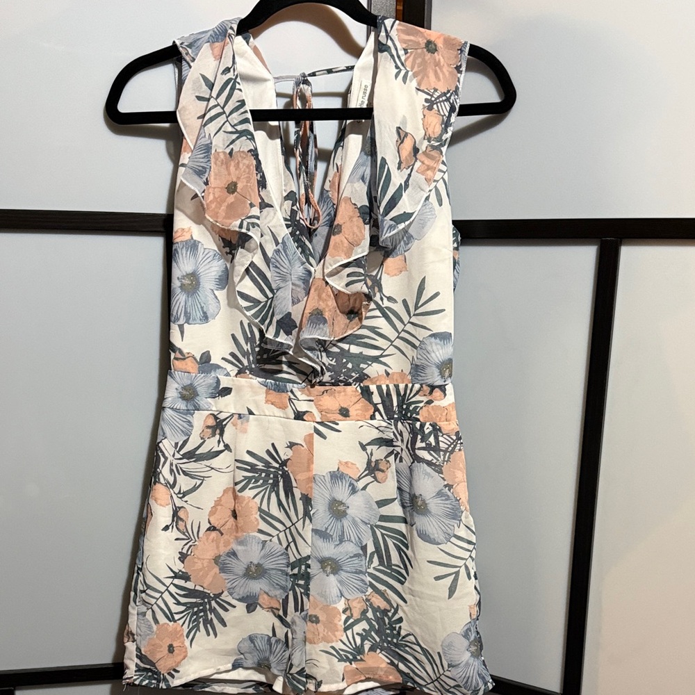 About A Girl Cream Floral V-Neck Romper with Peach & Light Blue Blooms